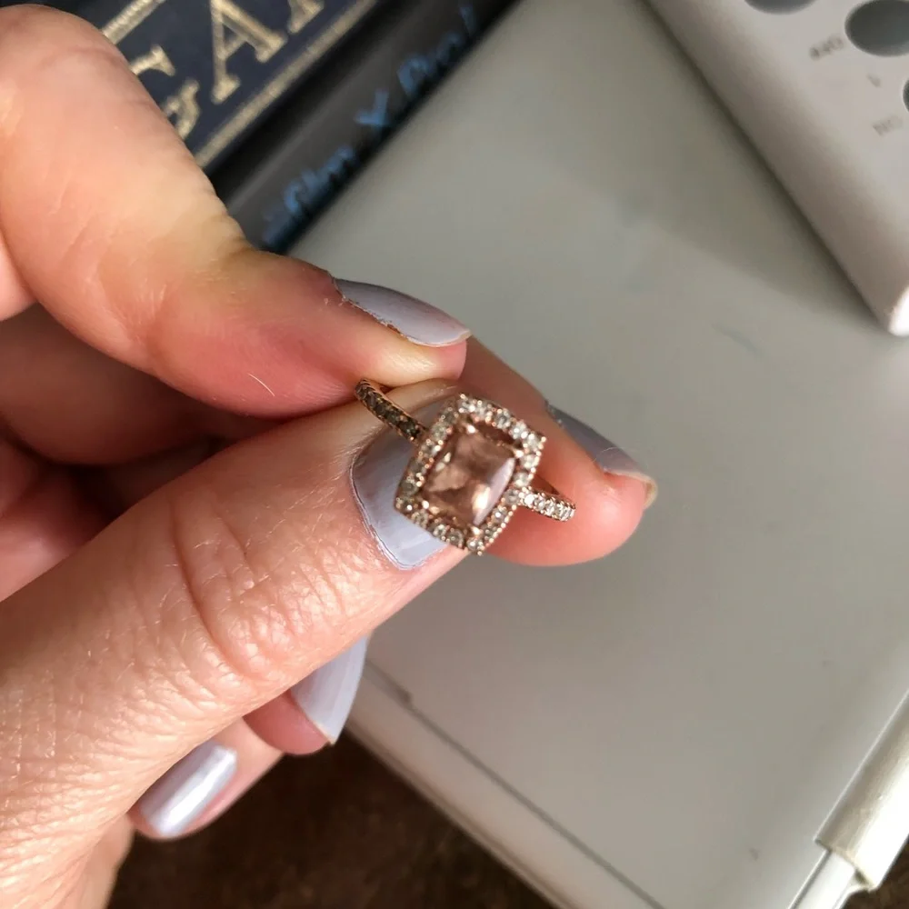 14k rose gold, diamond and emerald cut peach sapphire engagement ring - Picture 8 of 16